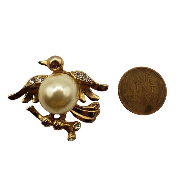 Retro Bird Pin Pearl Body Belly Brooch Gold Vermeil Animal Vtg Perched Branch - Picture 7 of 7